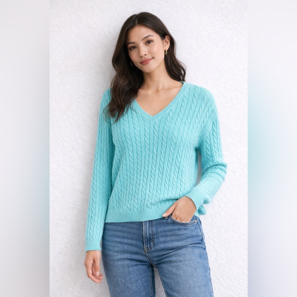 Field Gear Cable Knit Sweater Women’s XL Aqua V Neck Cotton Stretch